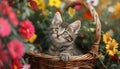 Cute kitten sitting in a basket, surrounded by flowers Royalty Free Stock Photo