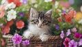 Cute kitten sitting in a basket, surrounded by flowers Royalty Free Stock Photo