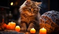 Cute kitten sitting by candle, playful in Halloween decoration generated by AI