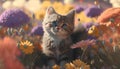 Cute kitten sitting in a field of flowers. 3d rendering Royalty Free Stock Photo