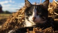 Cute kitten sitting in grass, staring at camera with alertness generated by AI