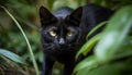 Cute kitten sitting in grass, staring with curious green eyes generated by AI