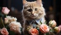 Cute kitten sitting, looking at camera, surrounded by flowers generated by AI Royalty Free Stock Photo