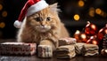 Cute kitten sitting near Christmas tree, looking at camera generated by AI Royalty Free Stock Photo