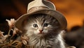 Cute kitten sitting outdoors, looking at camera, surrounded by autumn leaves generated by AI Royalty Free Stock Photo