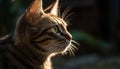 Cute kitten sitting outdoors, staring with curious green eyes generated by AI