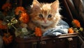 Cute kitten sitting, playful and fluffy, hiding in grass, striped basket generated by AI Royalty Free Stock Photo