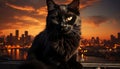 Cute kitten sitting, staring at cityscape, illuminated by sunset generated by AI