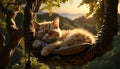 Cute kitten sitting in sunlight, playing with grass and tree generated by AI