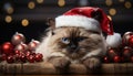 Cute kitten sitting on table, looking at Christmas lights generated by AI Royalty Free Stock Photo