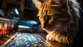 Cute kitten sitting on table, staring at camera with alertness generated by AI