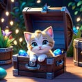 cute kitten sitting in a treasure chest surrounded by enchanted creatures, children\'s 3D animation Royalty Free Stock Photo