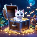 cute kitten sitting in a treasure chest surrounded by enchanted creatures, children\'s 3D animation Royalty Free Stock Photo