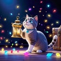 cute kitten sitting in a treasure chest surrounded by enchanted creatures, children\'s 3D animation