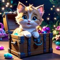 cute kitten sitting in a treasure chest surrounded by enchanted creatures, children\'s 3D animation Royalty Free Stock Photo