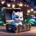 cute kitten sitting in a treasure chest surrounded by enchanted creatures, children\'s 3D animation