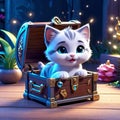 cute kitten sitting in a treasure chest surrounded by enchanted creatures, children\'s 3D animation Royalty Free Stock Photo