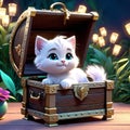 cute kitten sitting in a treasure chest surrounded by enchanted creatures, children\'s 3D animation Royalty Free Stock Photo