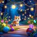 cute kitten sitting in a treasure chest surrounded by enchanted creatures, children\'s 3D animation