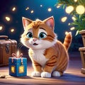 cute kitten sitting in a treasure chest surrounded by enchanted creatures, children\'s 3D animation