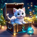 cute kitten sitting in a treasure chest surrounded by enchanted creatures, children\'s 3D animation