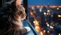 Cute kitten sitting by window, watching city life at dusk generated by AI