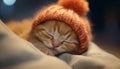 Cute kitten sleeping, cozy and comfortable in winter fur generated by AI