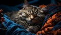 Cute kitten sleeping, cozy and relaxed on fluffy pillow generated by AI