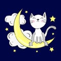 Cute kitten is sleeping on the moon, night and stars, sweet dreems Royalty Free Stock Photo