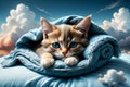 cute kitten sleeps on a pillow under a blanket. Royalty Free Stock Photo