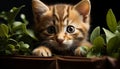 Cute kitten, small feline, playful, staring, green grass, fluffy fur generated by AI