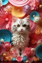A cute kitten stands surrounded by colorful paper-cut flowers Royalty Free Stock Photo