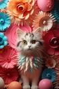 A cute kitten stands surrounded by colorful paper-cut flowers Royalty Free Stock Photo