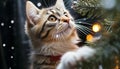 Cute kitten staring, fluffy fur, playful nature generated by AI