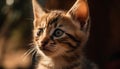 Cute kitten staring, playful and curious, fluffy fur, softness in nature generated by AI