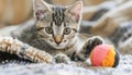 Cute kitten staring with playful, curious, fluffy, striped, abandoned, pampered pet generated
