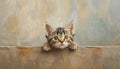 Cute kitten staring with playful, curious, fluffy, striped, abandoned, pampered pet generated
