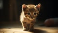Cute kitten, striped fur, playful, staring, fluffy, domestic cat generated by AI