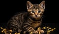 Cute kitten, striped fur, playful, staring, yellow eyes, fluffy hair generated by AI