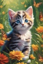 A cute kitten in a stunning garden with butterflies and colorful flowers, bold painting, fantasy, animal
