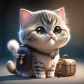 Cute kitten with a suitcase on a dark background. 3d illustration AI Generated animal ai
