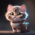 Cute kitten with suitcase on dark background. 3d illustration. AI Generated animal ai