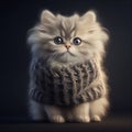 Cute kitten in sweater sitting. Small cat in gray sweater watching. Generative AI illustration.