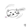 Cute kitten with text - Meow. Vector fashion cartoon cat illustration and lettering on a white backround.