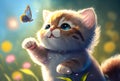 Cute kitten trying to catch a butterfly in a field of flowers. Created with Generative AI