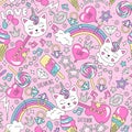 Cute kitten unicorn pattern on a pink background. Colorful trendy seamless pattern. Fashion illustration drawing in modern style