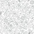 Cute kitten unicorn pattern on a white background. Black and white outline seamless pattern. Drawing for kids clothes, t-shirts, Royalty Free Stock Photo