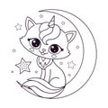 Cute kitten unicorn sits on the moon. Black-white linear drawing. Vector