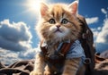 Cute kitten walks down the street with a backpack. Funny unreal digital art. AI generated