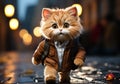 Cute kitten walks down the street with a backpack. Funny unreal digital art. AI generated